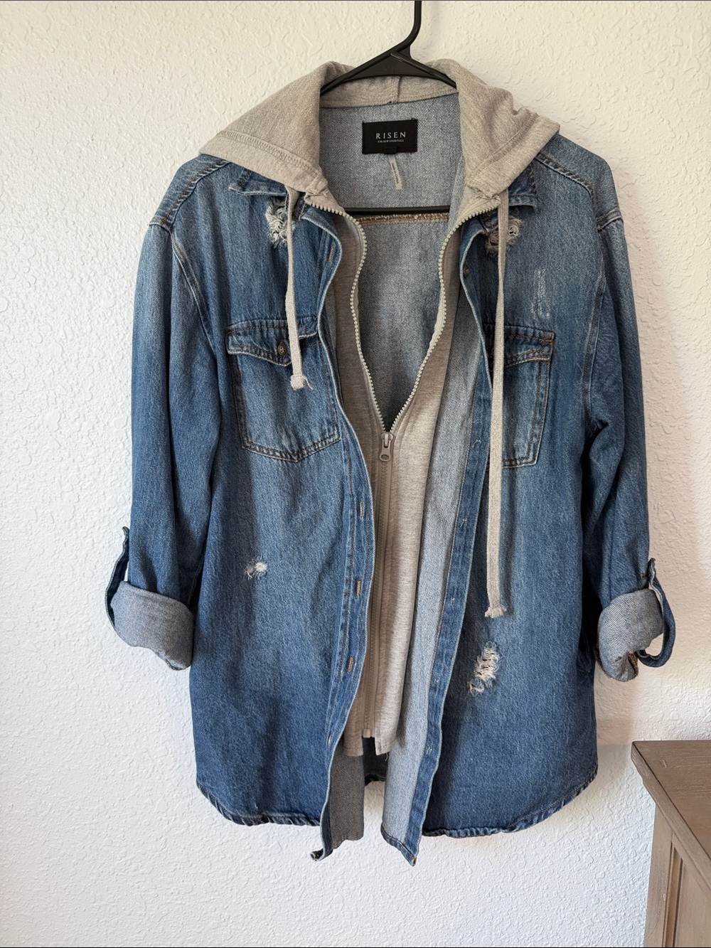 Risen Blue Distressed Denim Jacket with Gray Hooded Liner